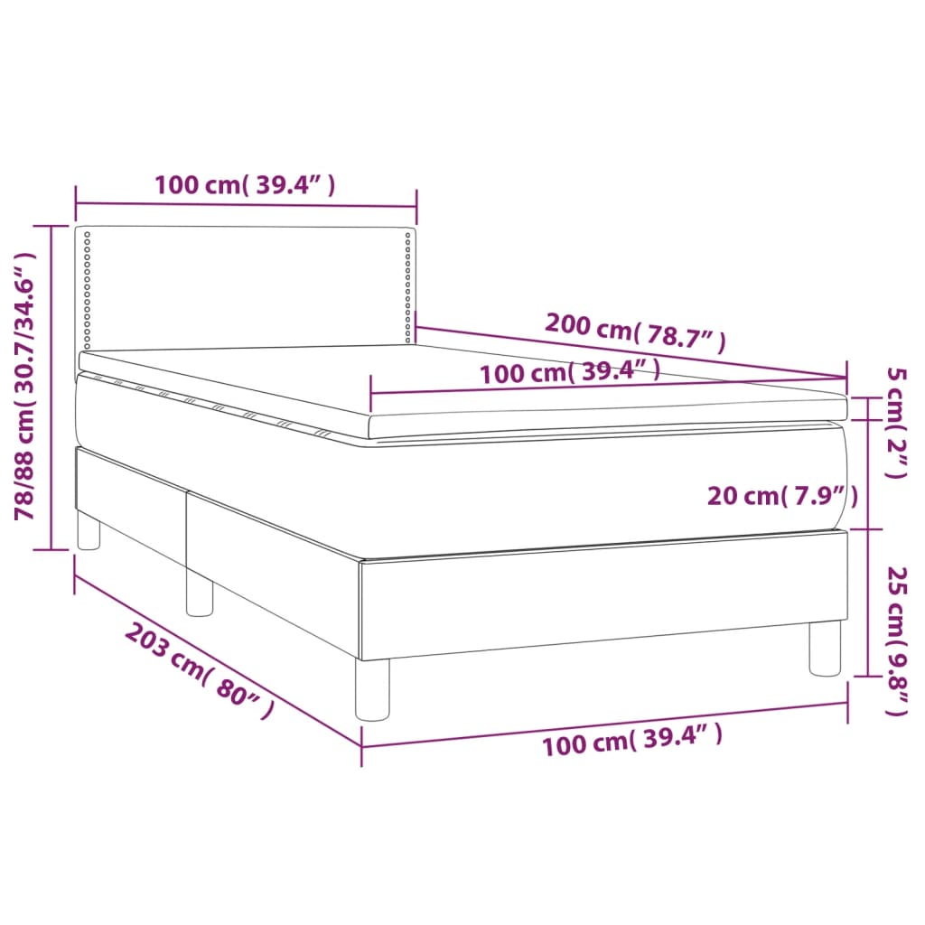 Letto a Molle Materasso e LED Grigio Scuro 100x200cm in Tessuto 3133054