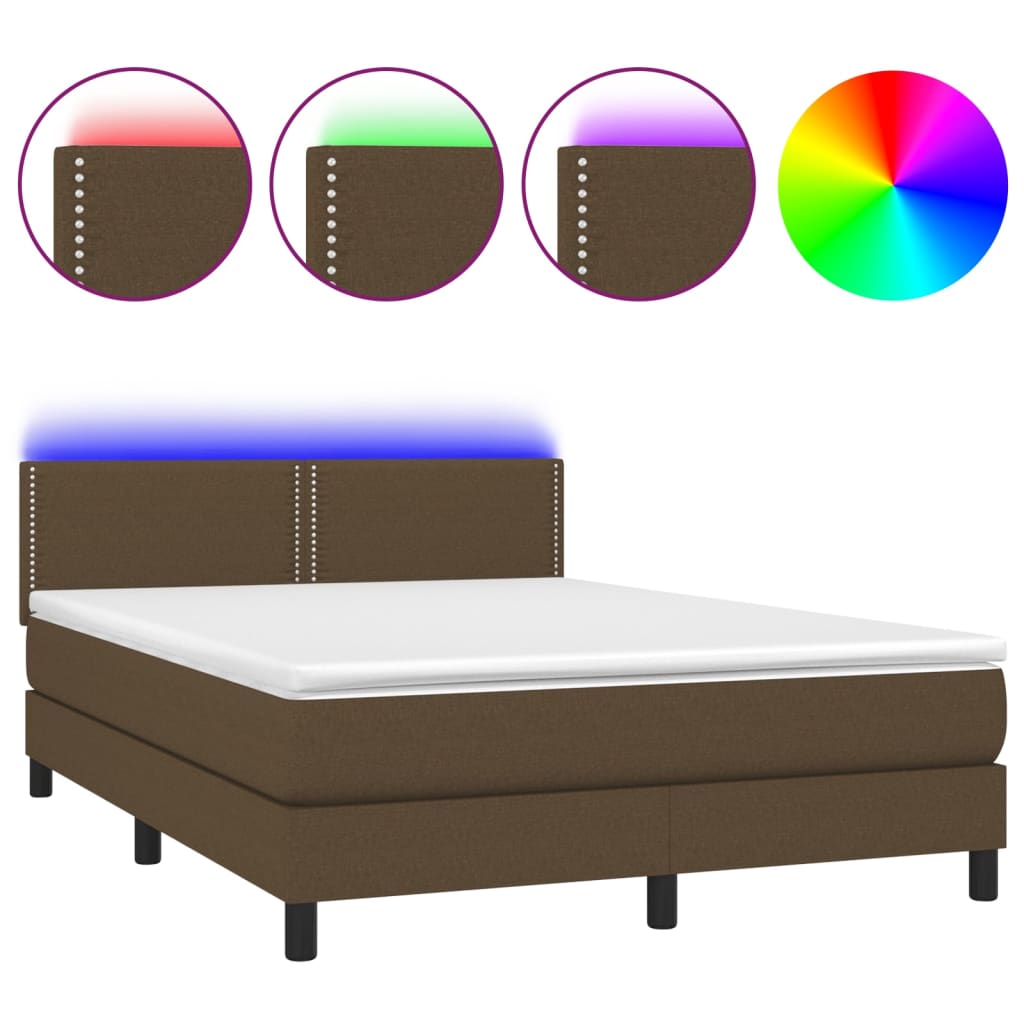 Letto a Molle Materasso e LED Marrone Scuro 140x200 cm Tessuto 3133080