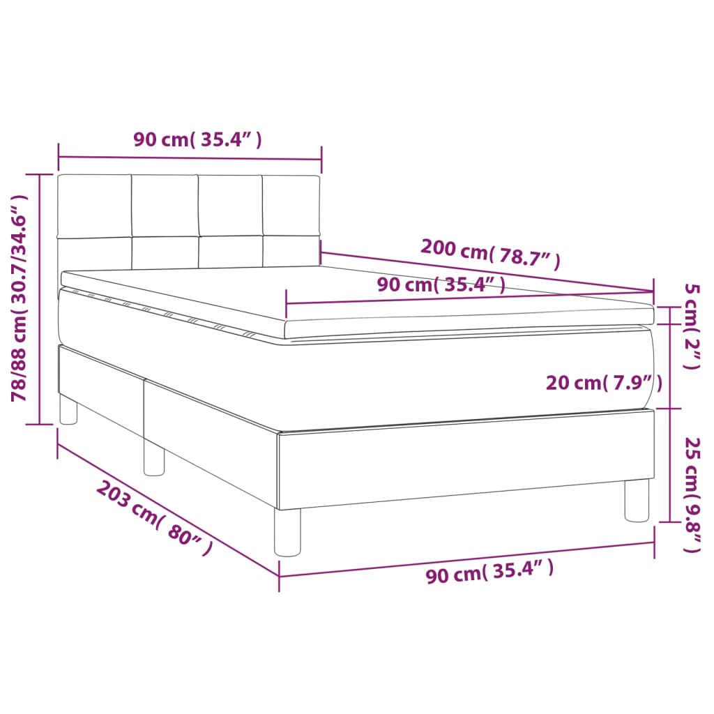 Letto a Molle con Materasso e LED Tortora 90x200 cm in Tessuto 3133129