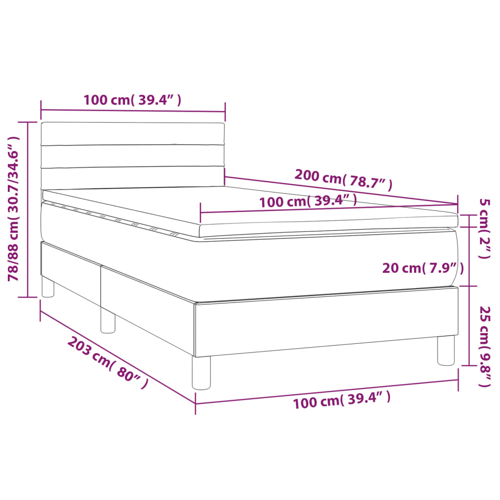 Letto a Molle Materasso e LED Grigio Scuro 100x200cm in Tessuto 3133214