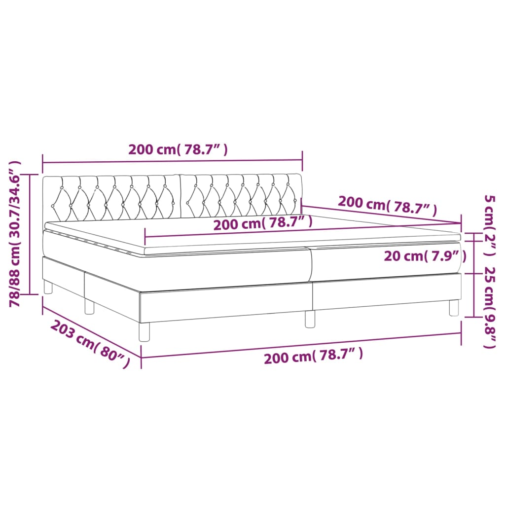 Letto a Molle Materasso e LED tortora 200x200cm in Tessuto 3133425