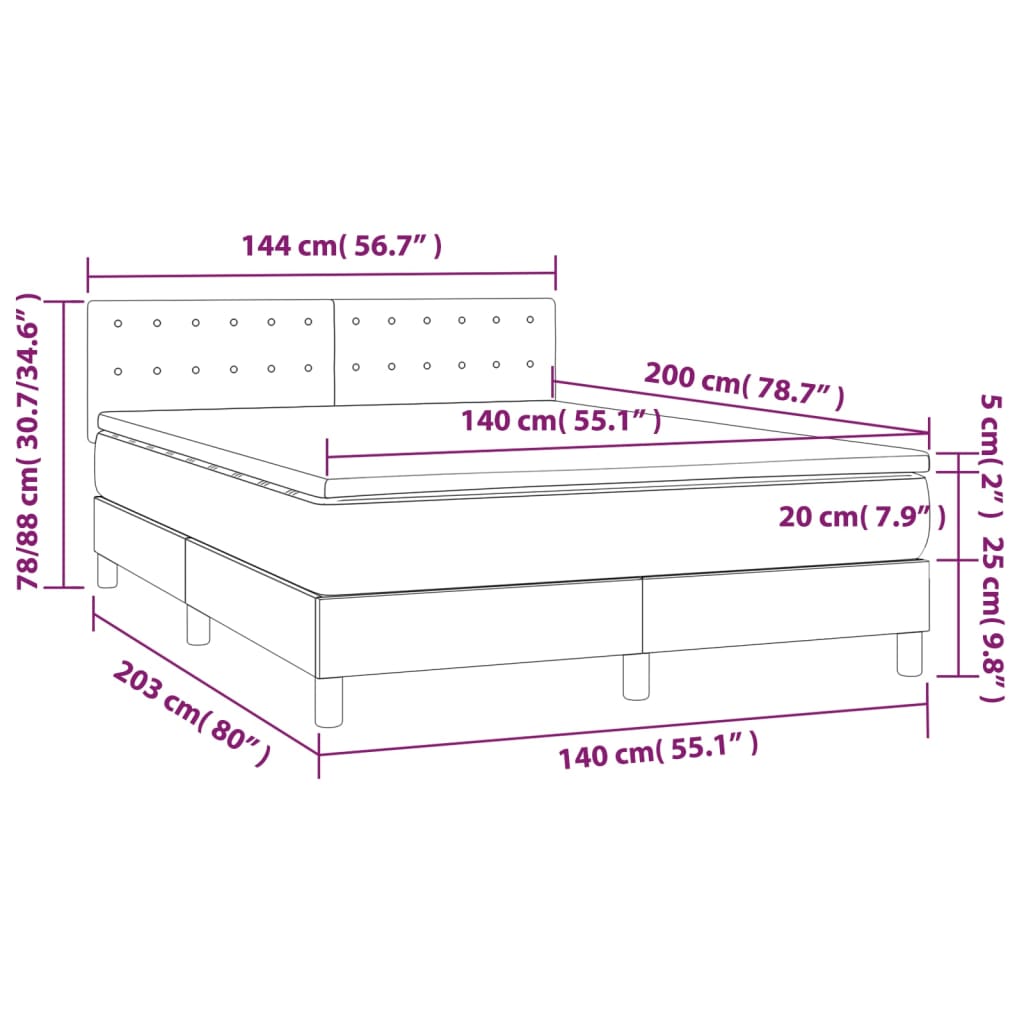 Letto a Molle Materasso e LED Marrone Scuro 140x200 cm Tessuto 3133480