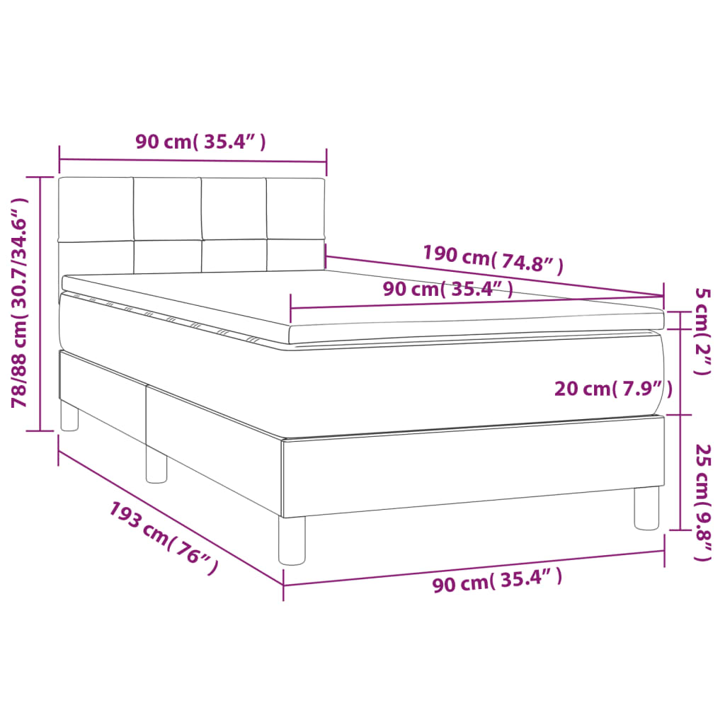 Letto a Molle con Materasso e LED Tortora 90x190 cm in Tessuto 3133681