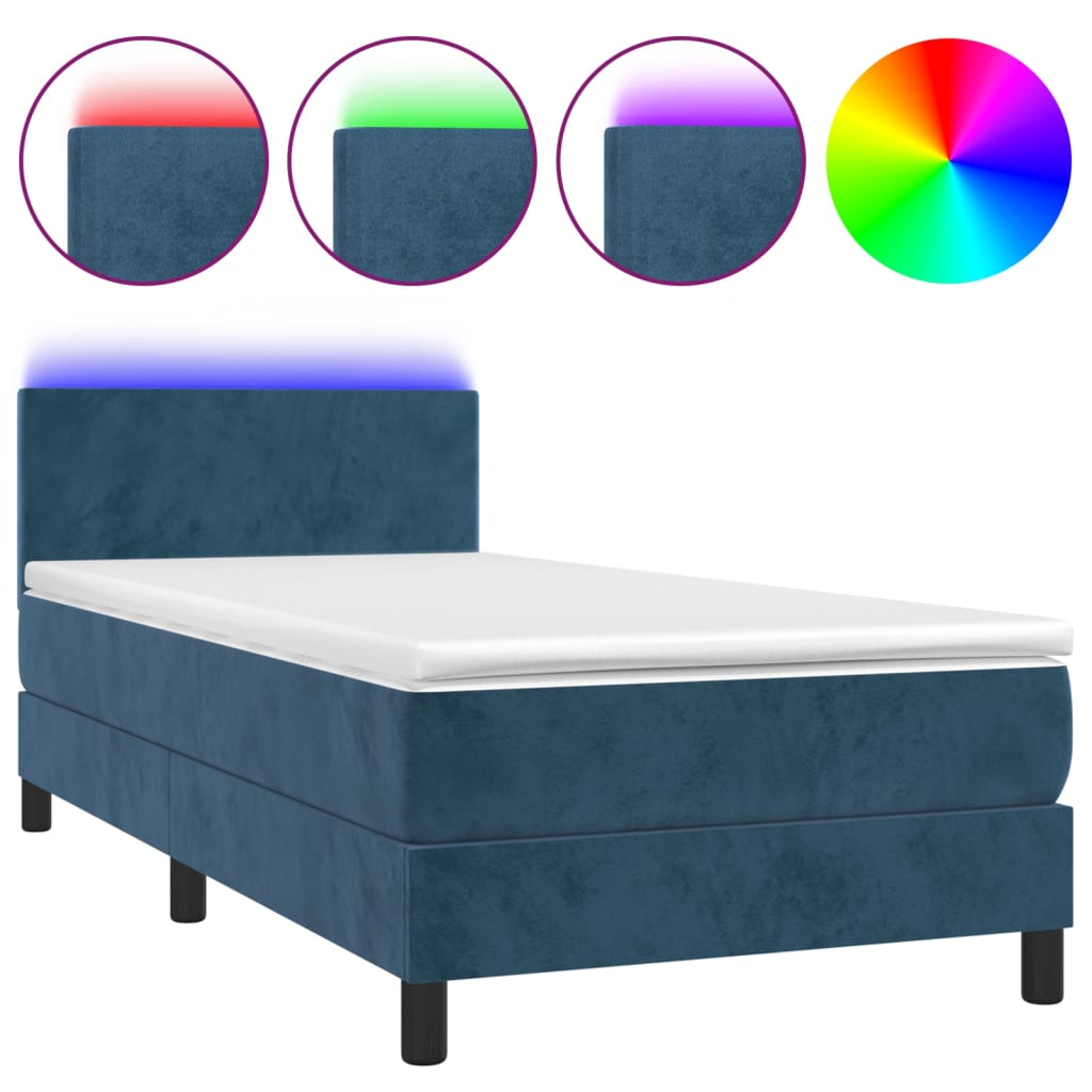 Letto a Molle con Materasso e LED Blu Scuro 90x190cm in Velluto 3134259