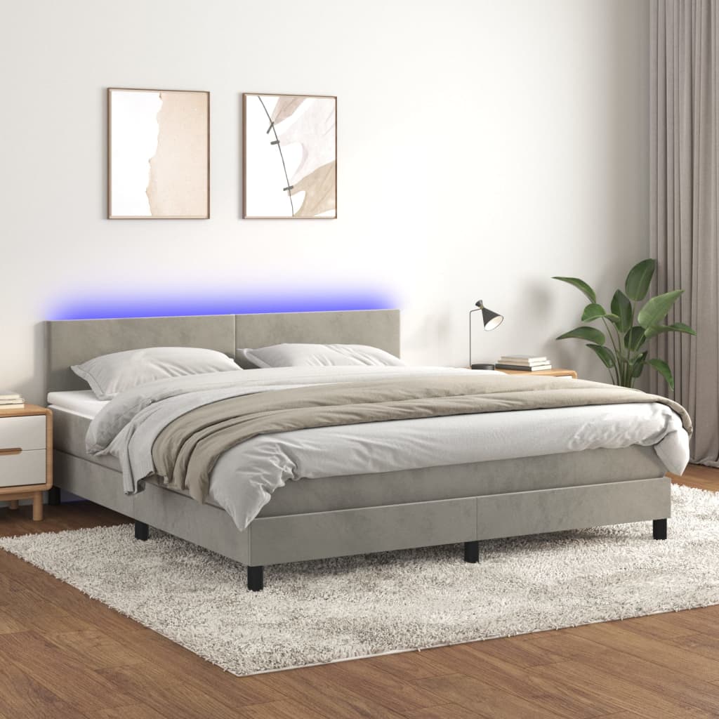 Letto a Molle Materasso e LED Grigio Chiaro 180x200 cm Velluto 3134297