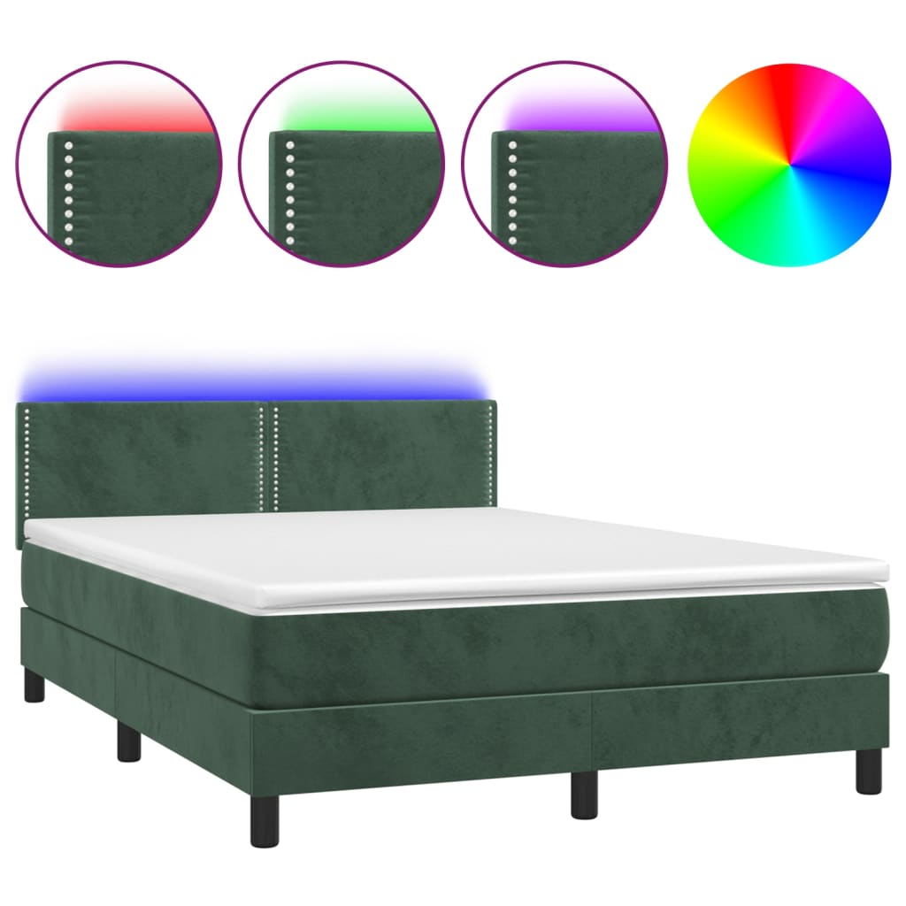 Letto a Molle con Materasso e LED Verde Scuro 140x190cm Velluto 3134342