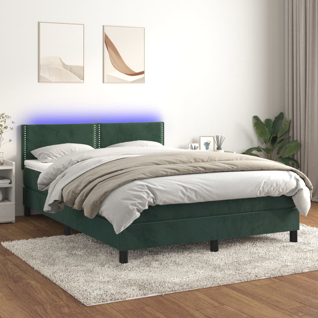 Letto a Molle con Materasso e LED Verde Scuro 140x190cm Velluto 3134342