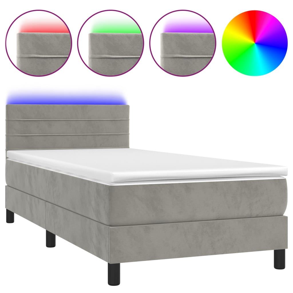 Letto a Molle Materasso e LED Grigio Chiaro 80x200 cm Velluto 3134429