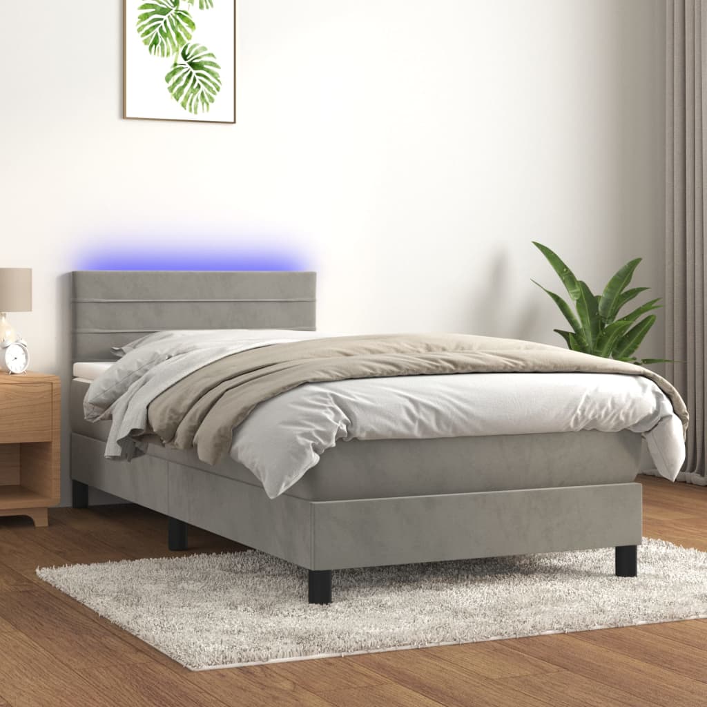 Letto a Molle Materasso e LED Grigio Chiaro 100x200 cm Velluto 3134447