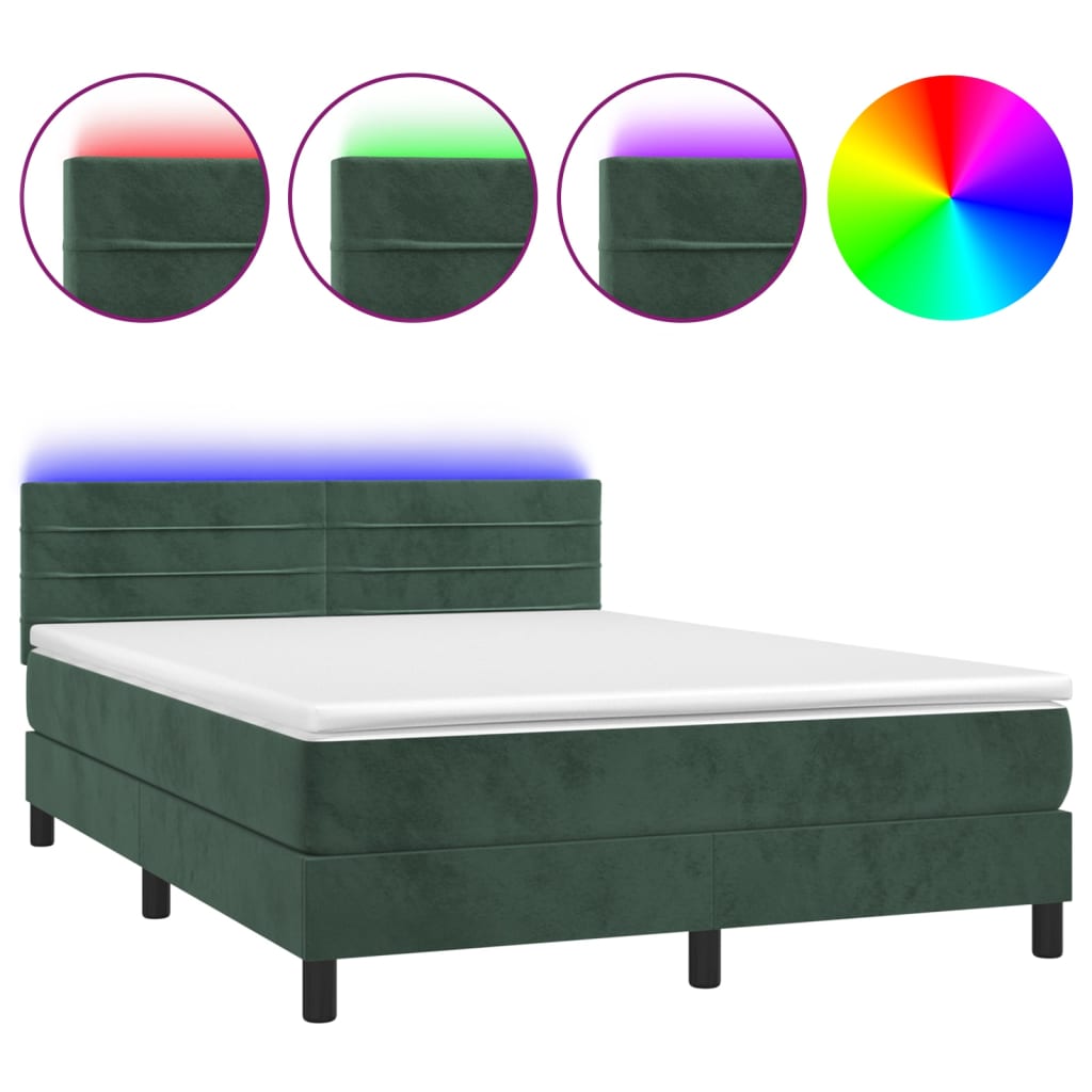 Letto a Molle con Materasso e LED Verde Scuro 140x190cm Velluto 3134462