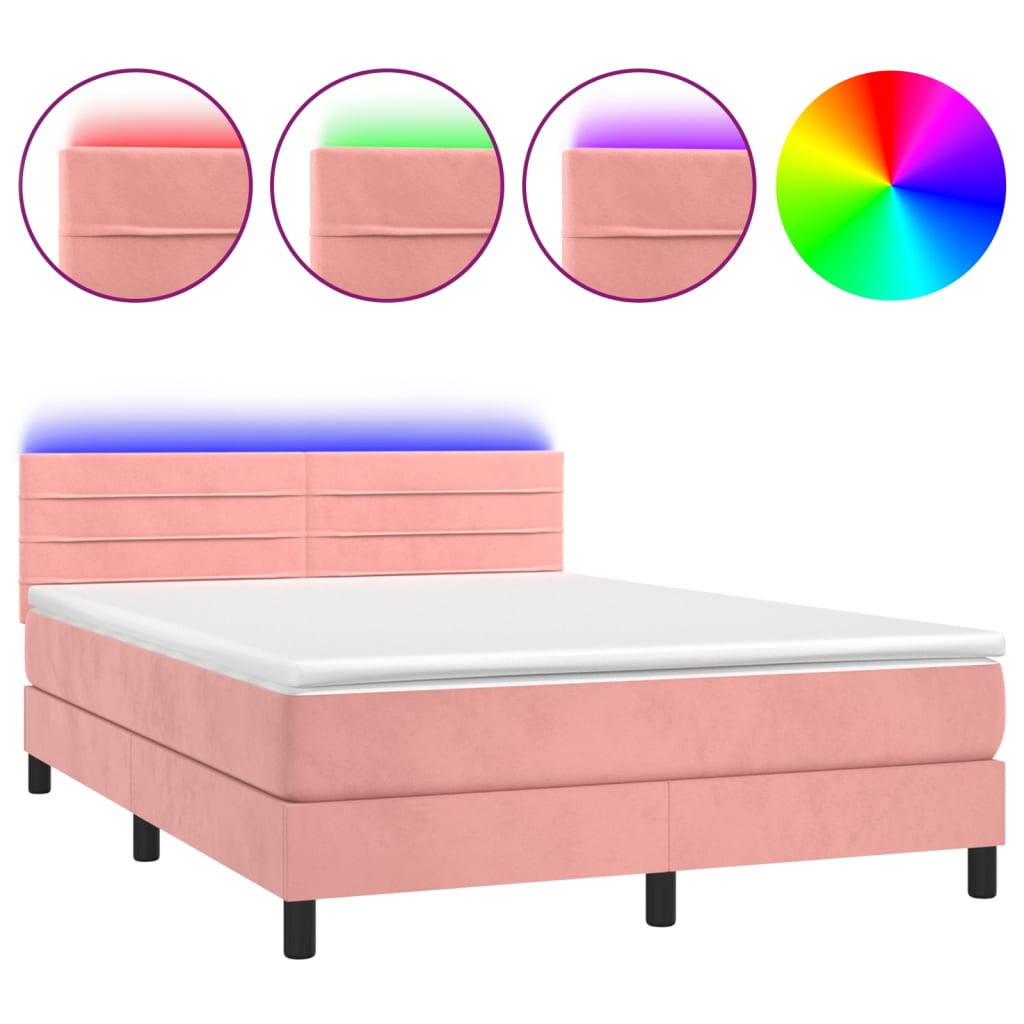 Letto a Molle con Materasso e LED Rosa 140x190 cm in Velluto 3134464