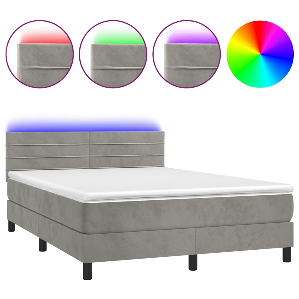 Letto a Molle Materasso e LED Grigio Chiaro 140x200 cm Velluto 3134465