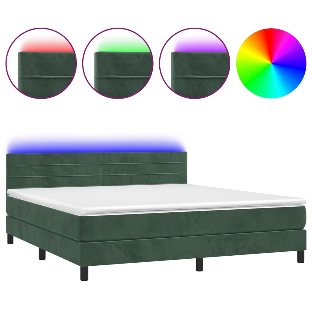 Letto a Molle con Materasso e LED Verde Scuro 180x200cm Velluto 3134480