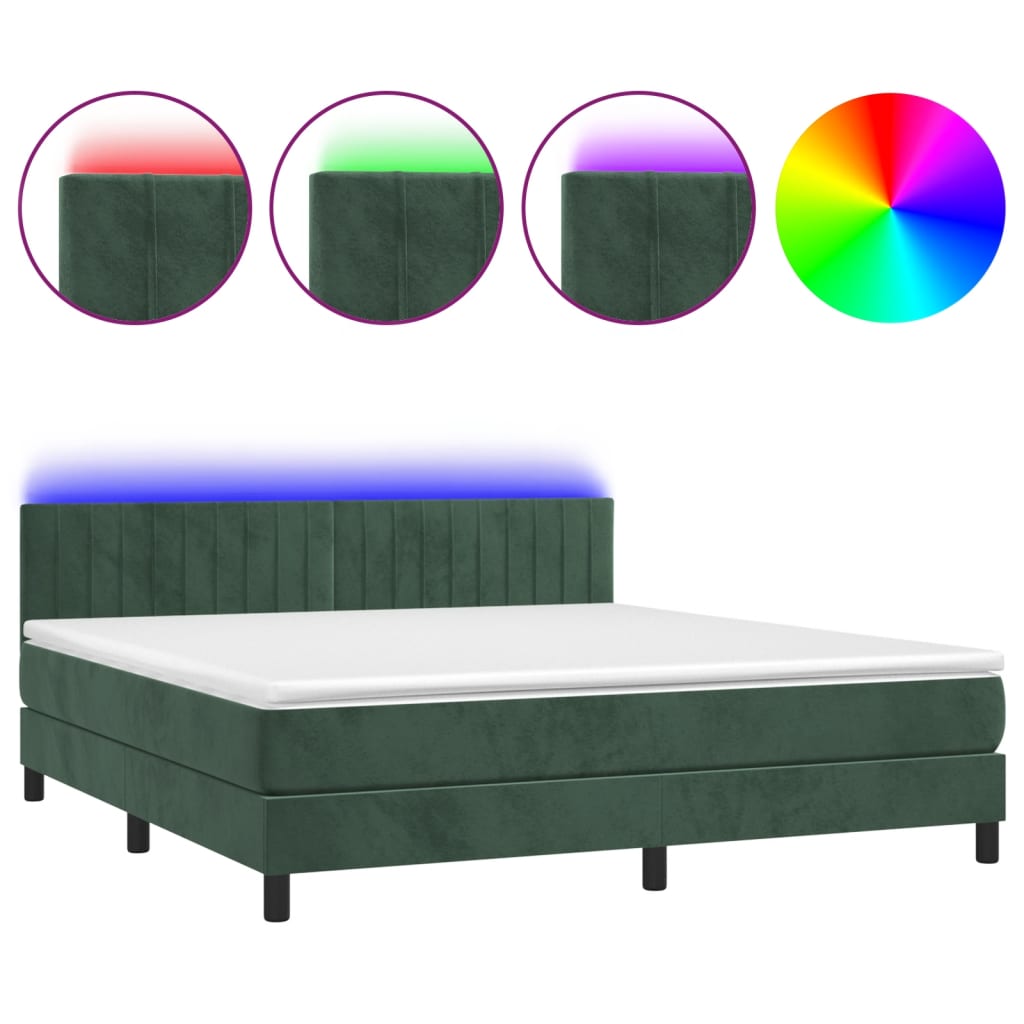 Letto a Molle con Materasso e LED Verde Scuro 180x200cm Velluto 3134540