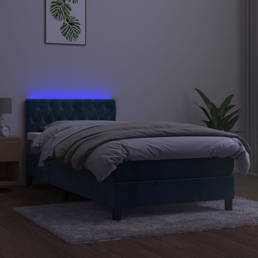 Letto a Molle con Materasso e LED Blu Scuro 90x190cm in Velluto 3134559