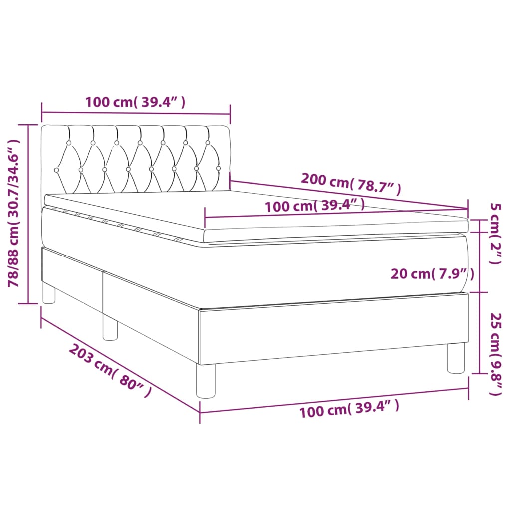 Letto a Molle Materasso e LED Grigio Chiaro 100x200 cm Velluto cod mxl 64756