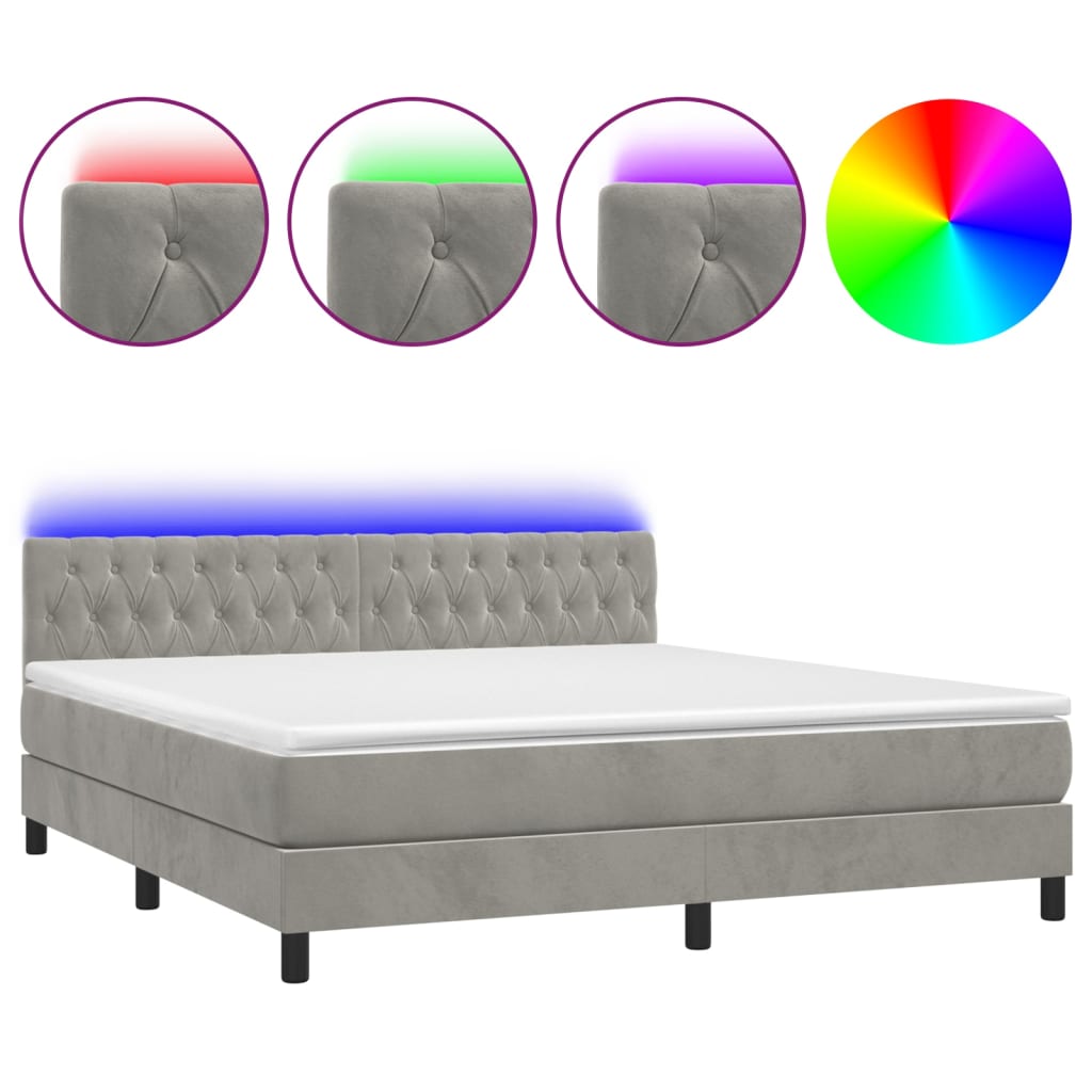 Letto a Molle Materasso e LED Grigio Chiaro 180x200 cm Velluto 3134597