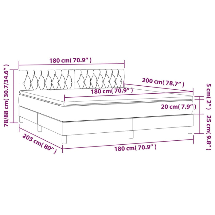 Letto a Molle Materasso e LED Grigio Chiaro 180x200 cm Velluto 3134597