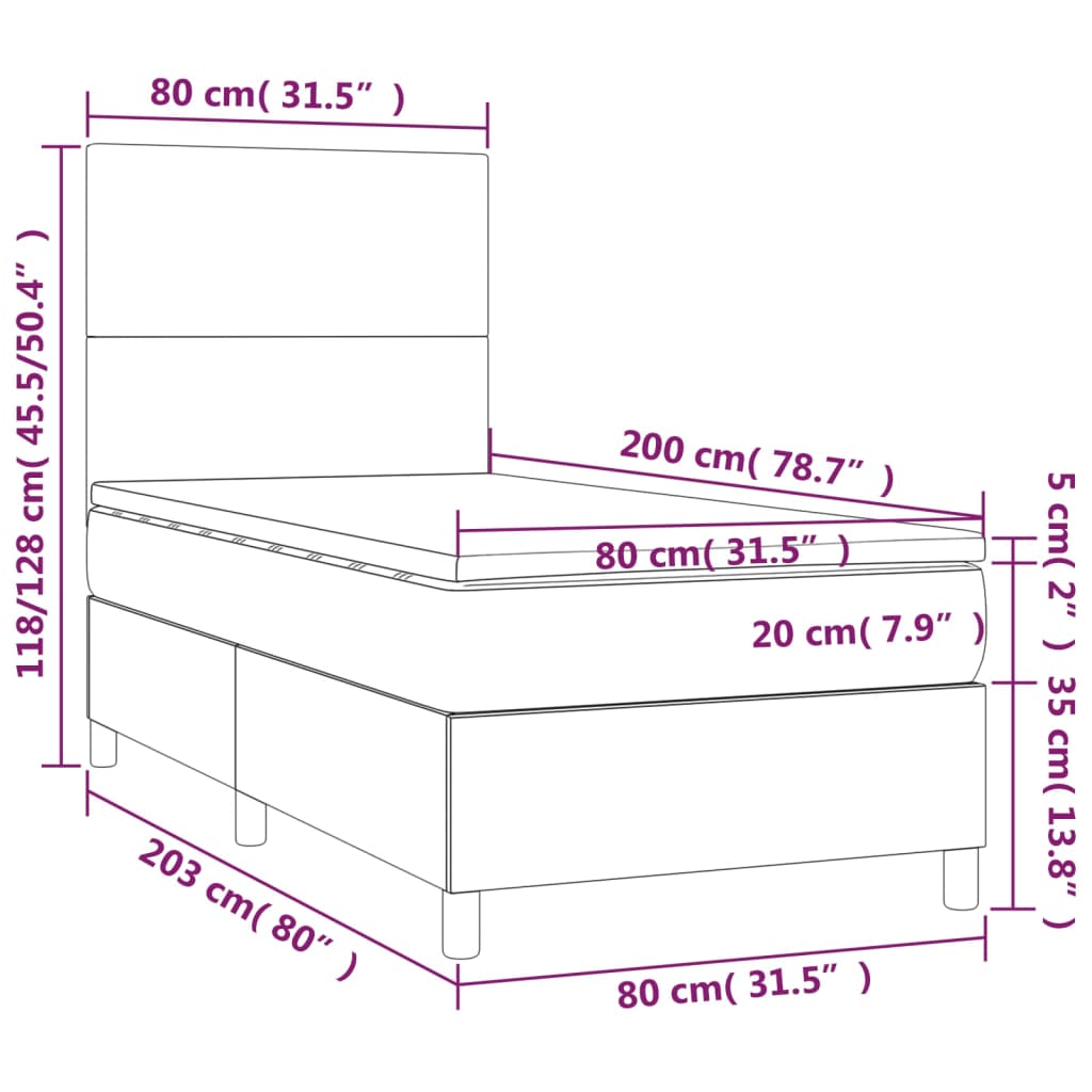 Letto a Molle Materasso e LED Marrone Scuro 80x200cm in Tessuto 3134672