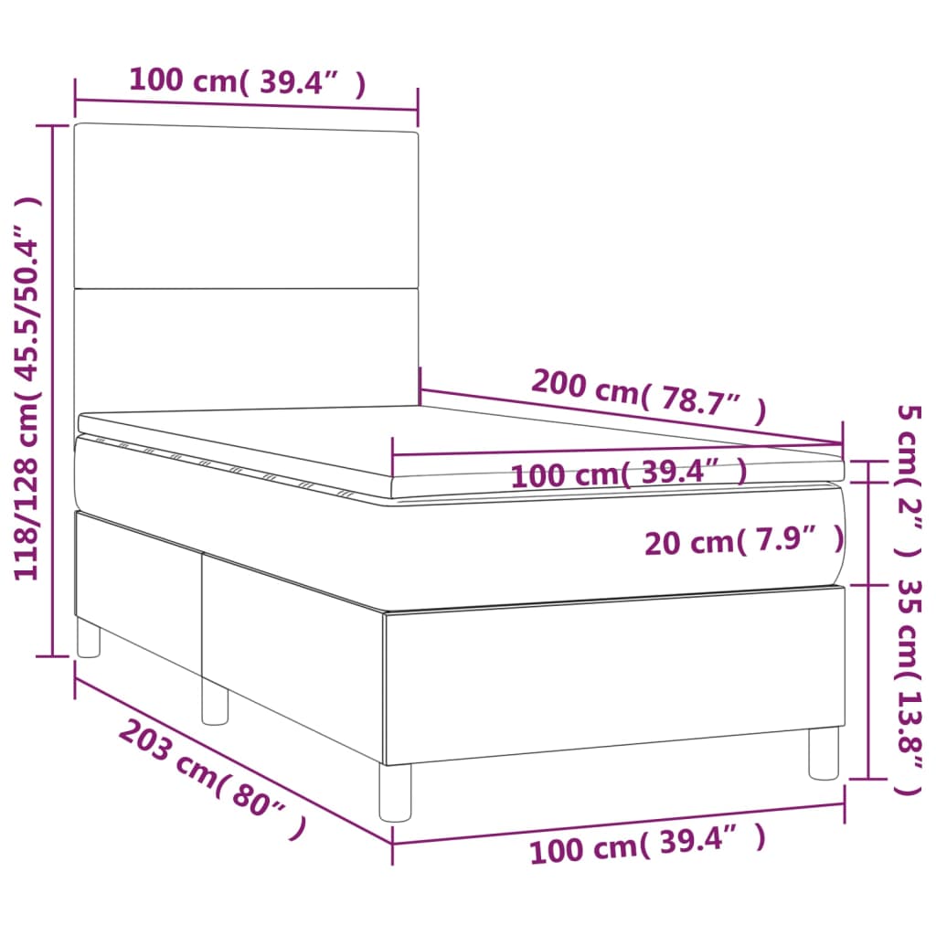 Letto a Molle Materasso e LED Marrone Scuro 100x200 cm Tessuto 3134696