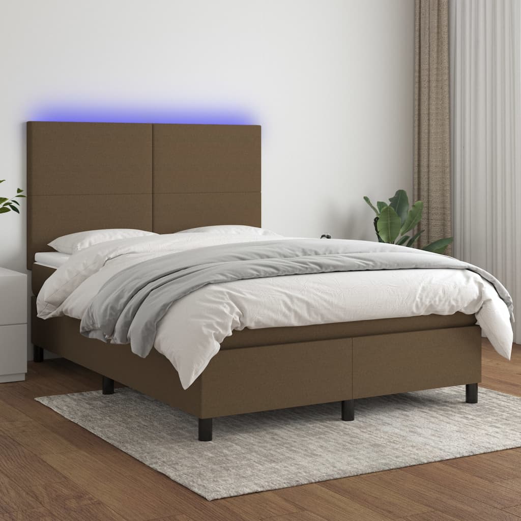 Letto a Molle Materasso e LED Marrone Scuro 140x200 cm Tessuto 3134720