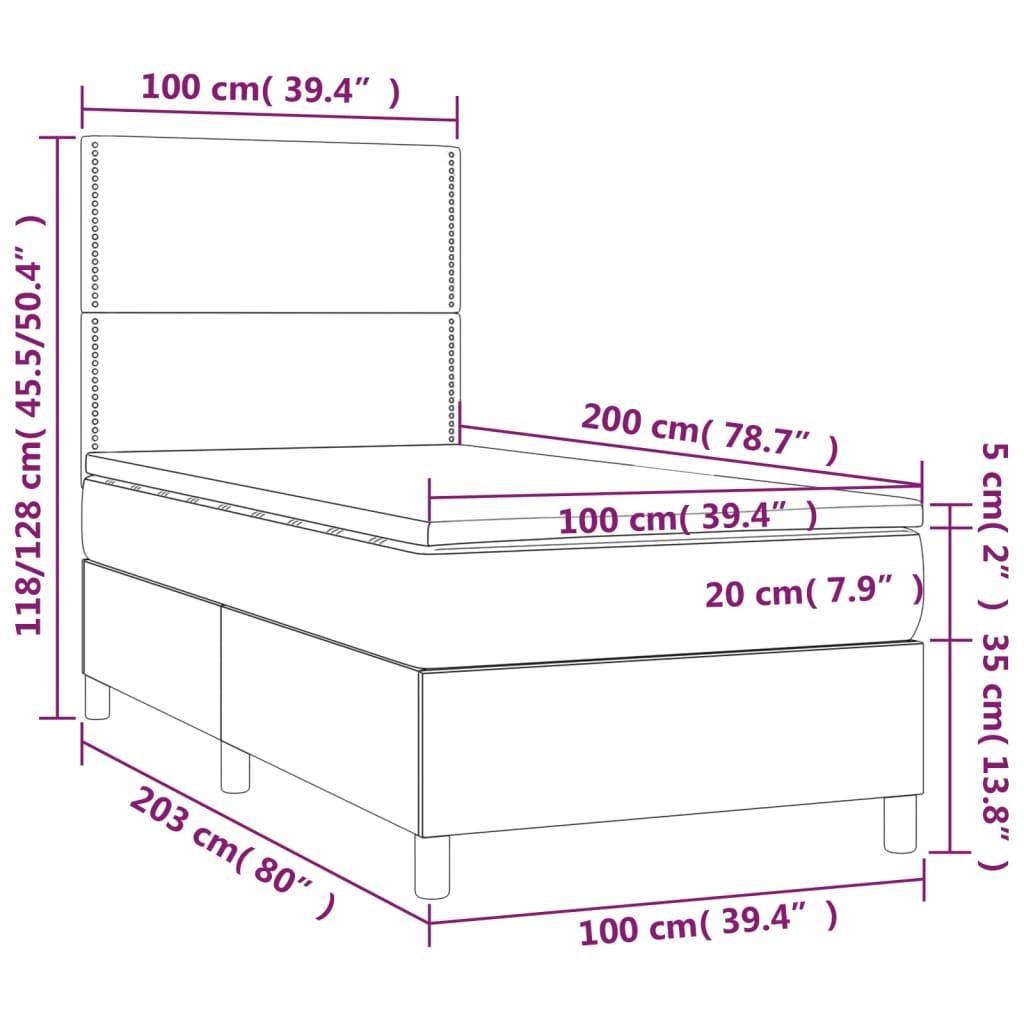 Letto a Molle Materasso e LED Grigio Scuro 100x200cm in Tessuto 3134774