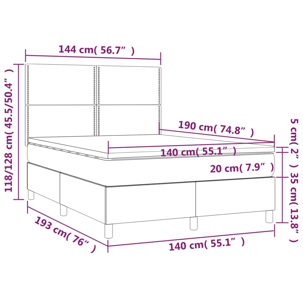 Letto a Molle Materasso e LED Grigio Scuro 140x190cm in Tessuto 3134790