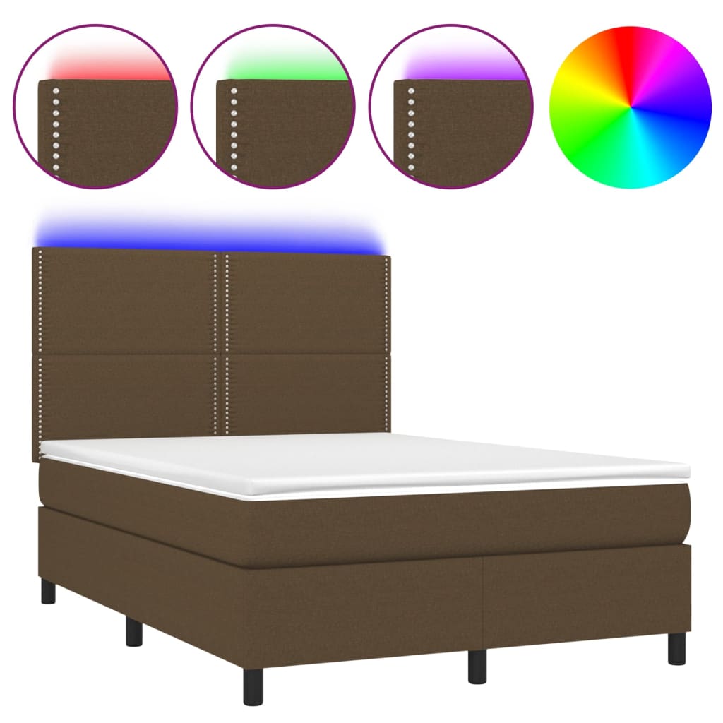 Letto a Molle Materasso e LED MarroneScuro 140x190cm in Tessuto 3134792