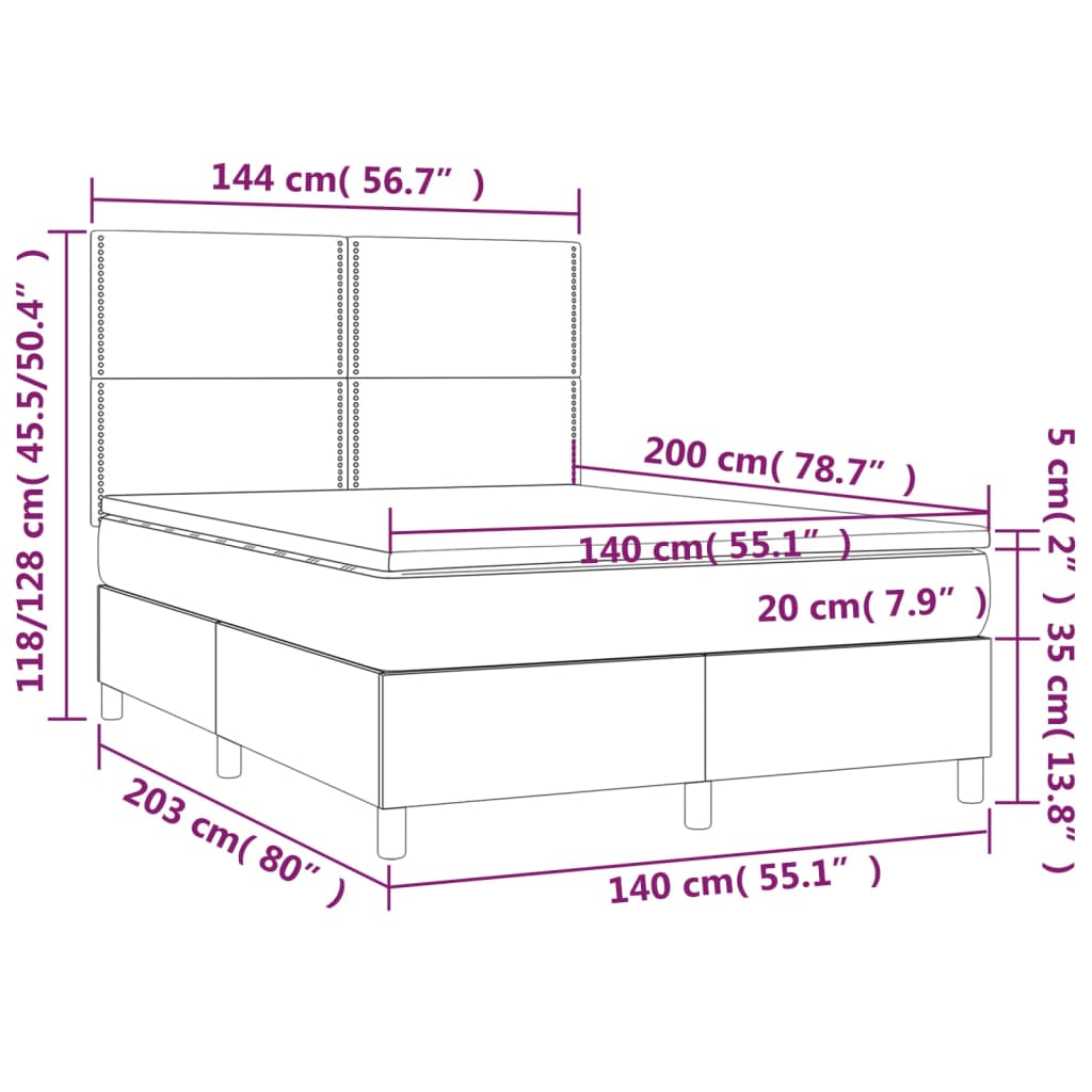 Letto a Molle con Materasso e LED Tortora 140x200 cm in Tessuto 3134801