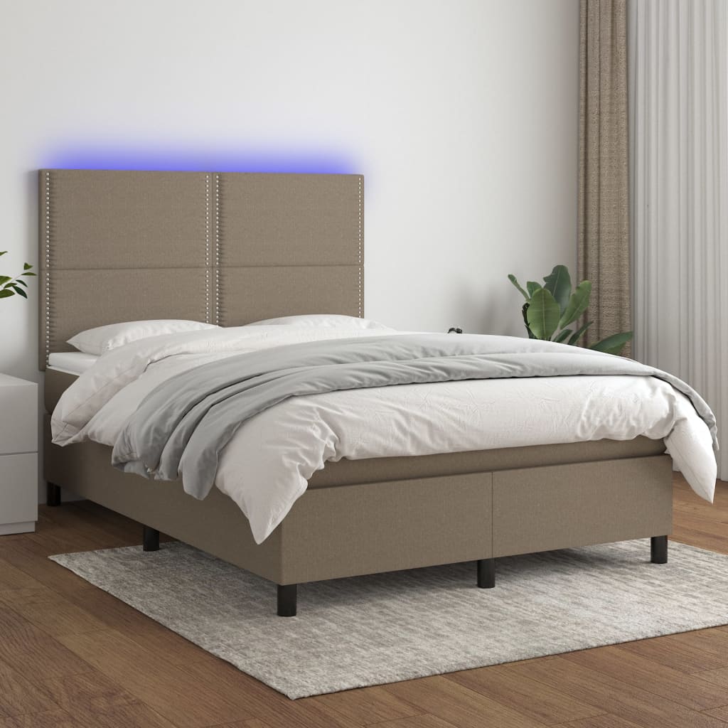 Letto a Molle con Materasso e LED Tortora 140x200 cm in Tessuto 3134801