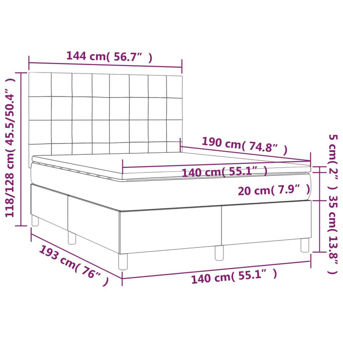 Letto a Molle con Materasso e LED Tortora 140x190 cm in Tessuto 3134873