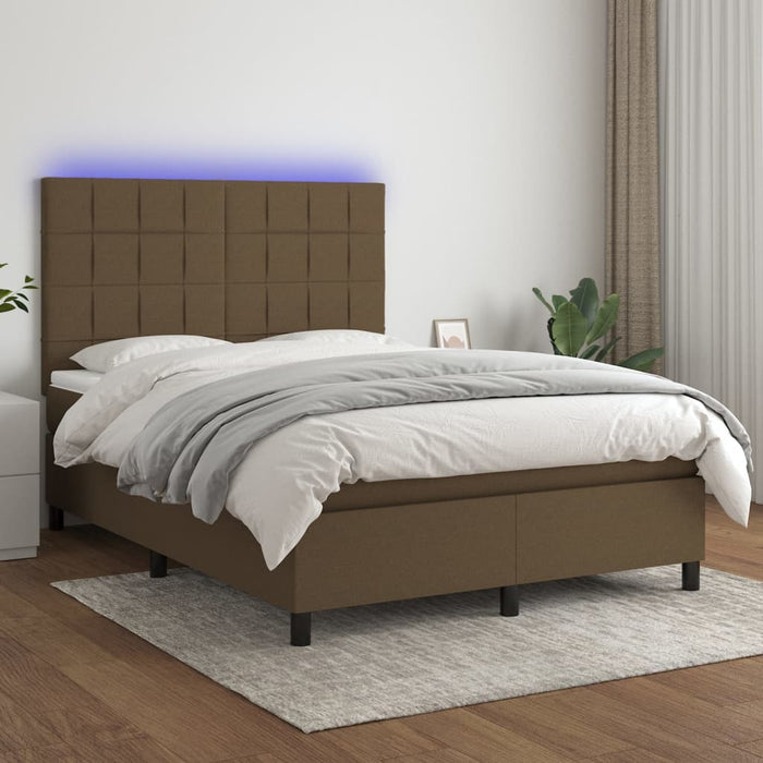 Letto a Molle Materasso e LED Marrone Scuro 140x200 cm Tessuto 3134880