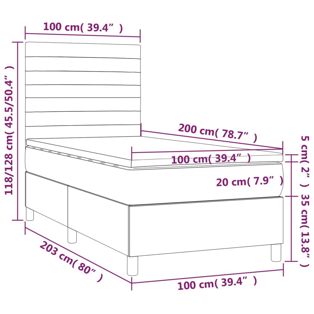 Letto a Molle con Materasso e LED Tortora 100x200cm in Tessuto 3134937