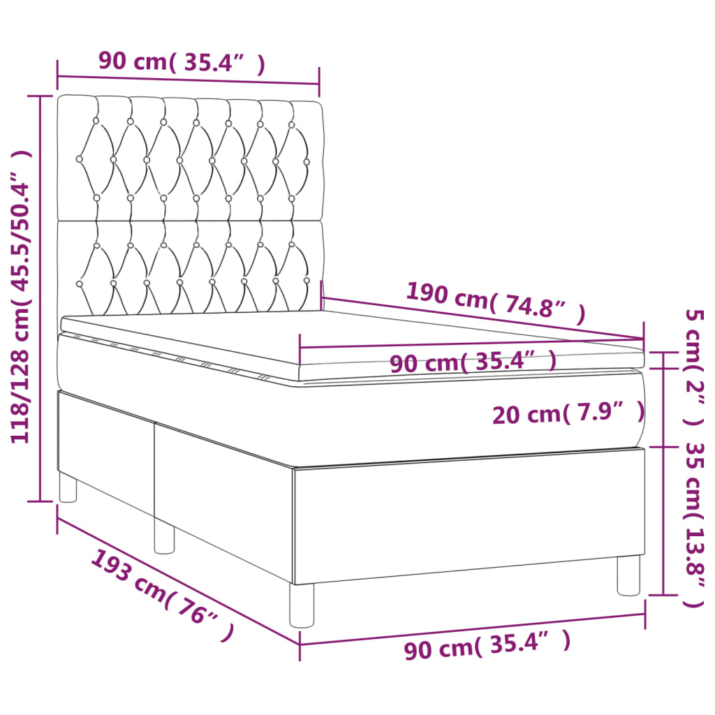 Letto a Molle Materasso e LED Marrone Scuro 90x190cm in Tessuto 3135080