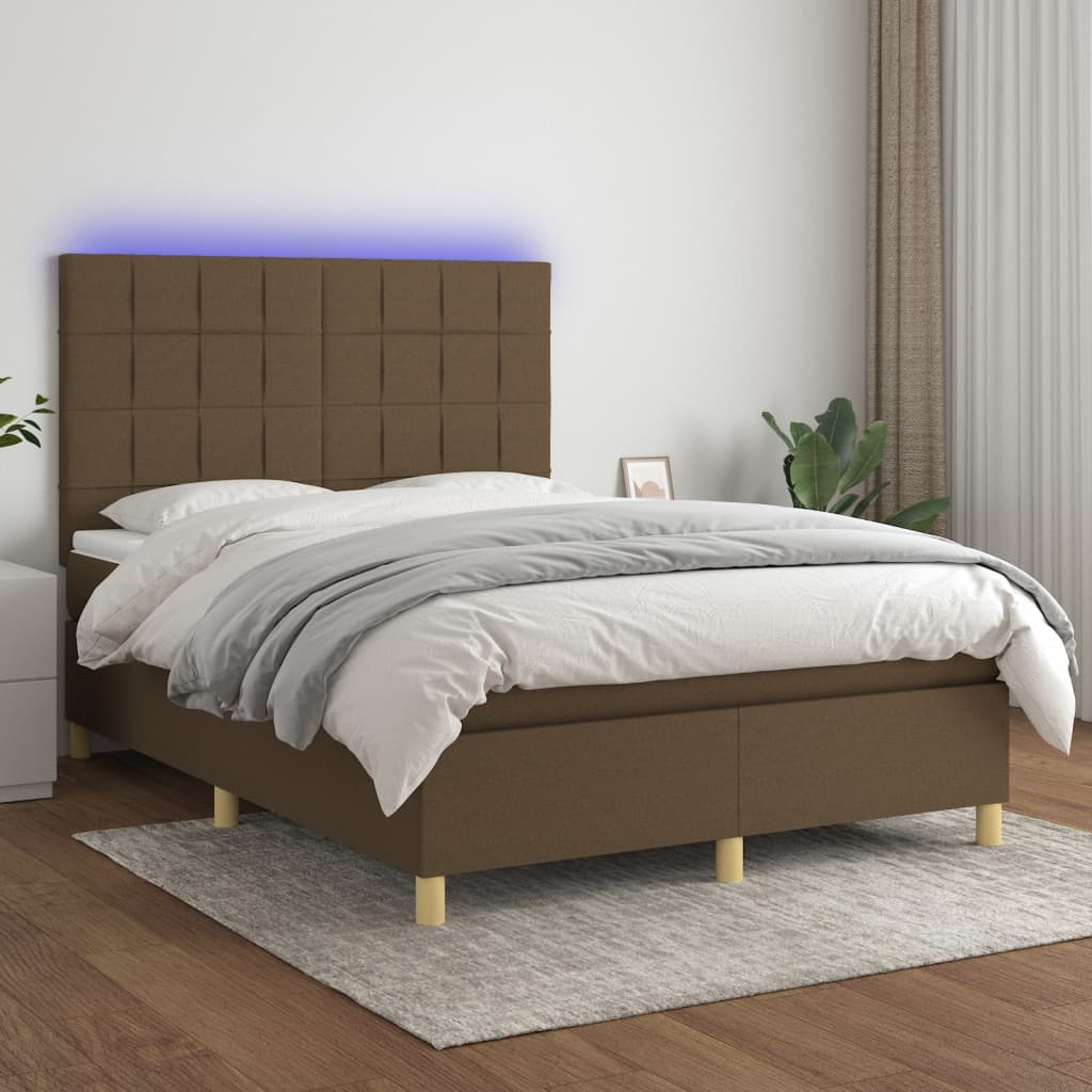 Letto a Molle Materasso e LED MarroneScuro 140x190cm in Tessuto 3135432