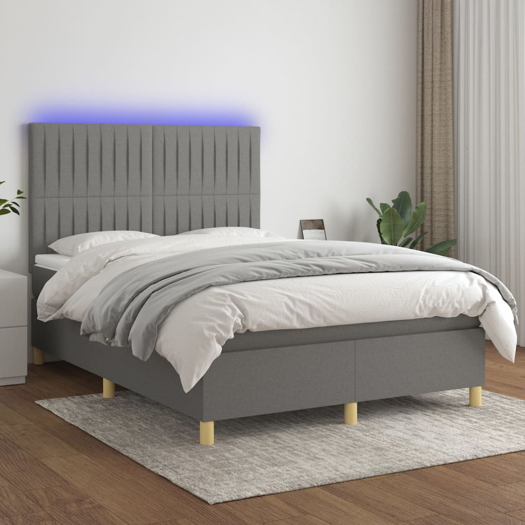 Letto a Molle Materasso e LED Grigio Scuro 140x190cm in Tessuto 3135590