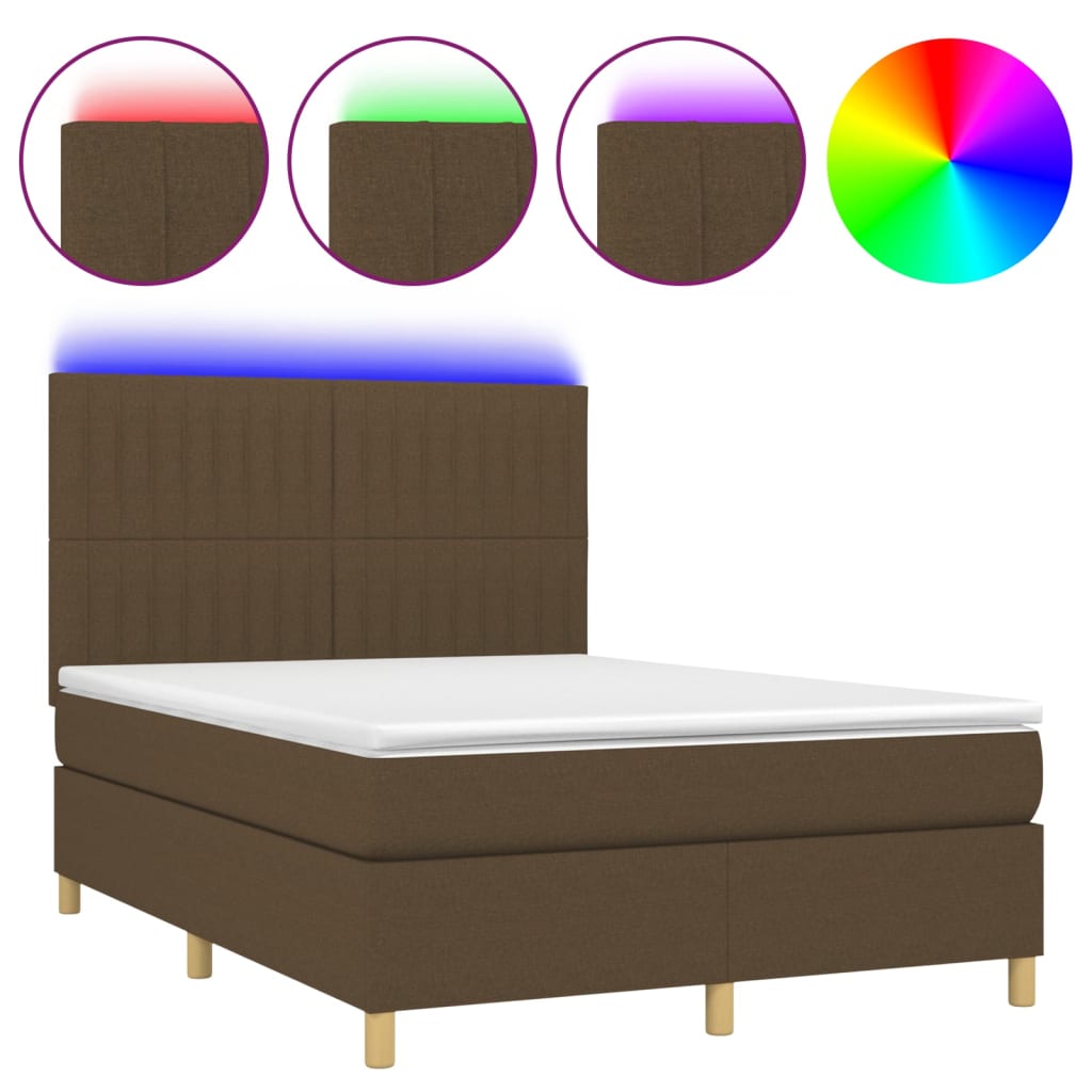 Letto a Molle Materasso e LED Marrone Scuro 140x200 cm Tessuto 3135600