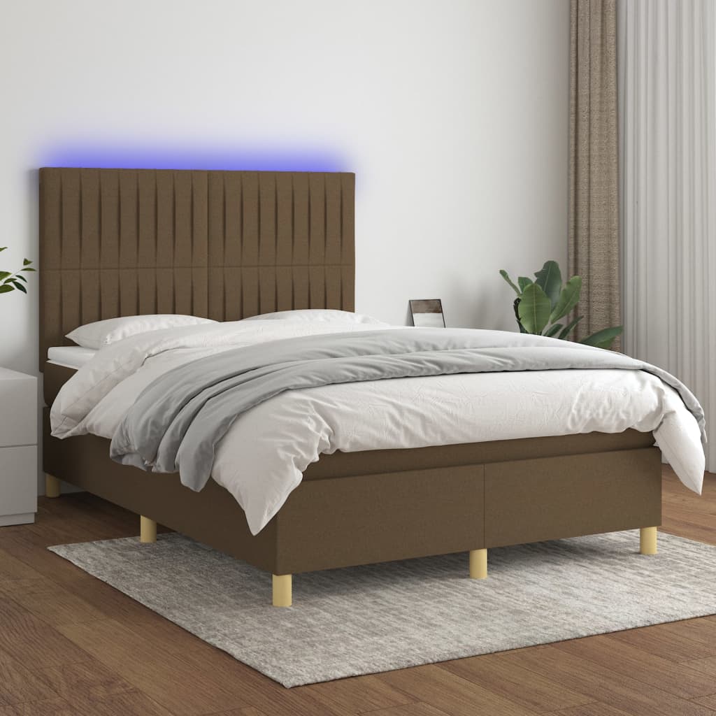 Letto a Molle Materasso e LED Marrone Scuro 140x200 cm Tessuto 3135600