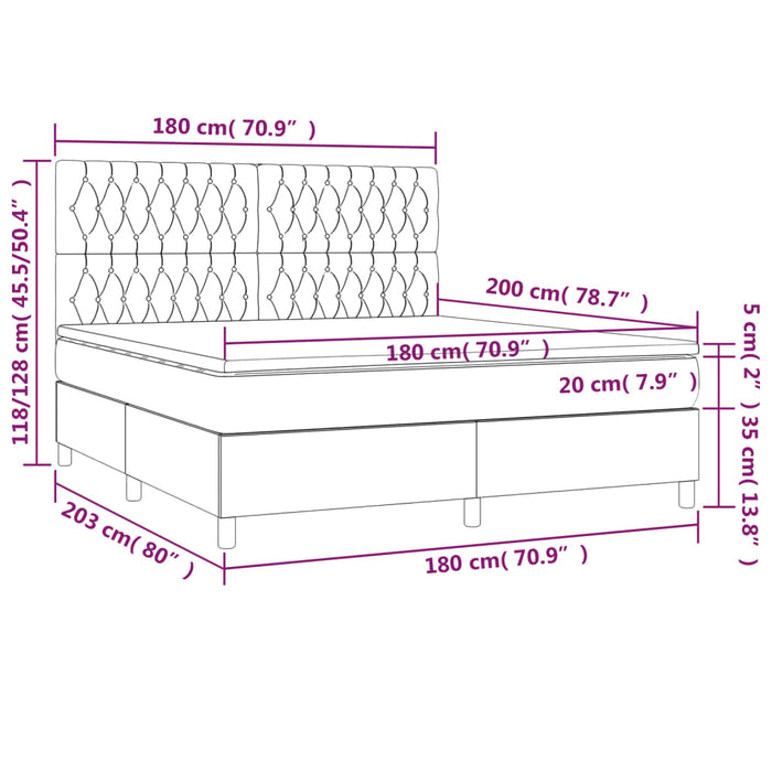 Letto a Molle con Materasso e LED Tortora 180x200 cm in Tessuto 3135697