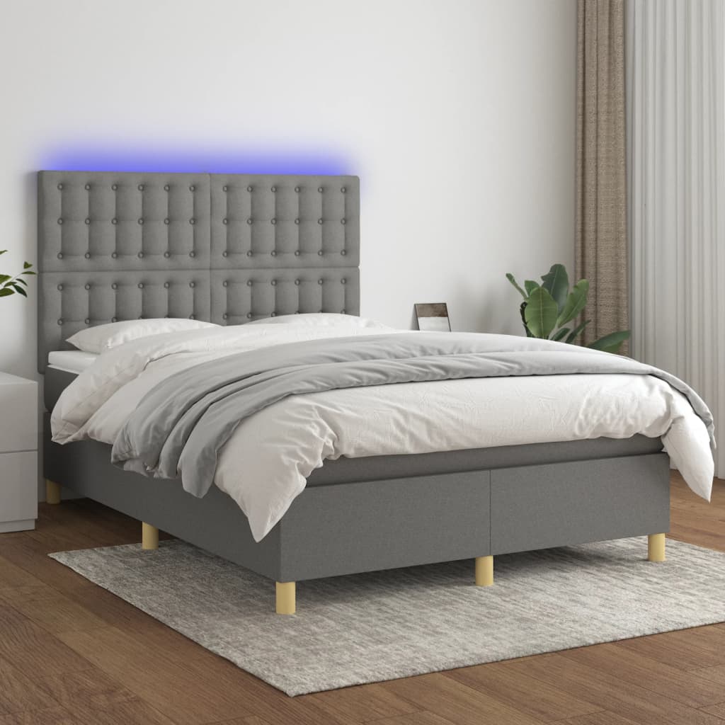 Letto a Molle Materasso e LED Grigio Scuro 140x190cm in Tessuto 3135750