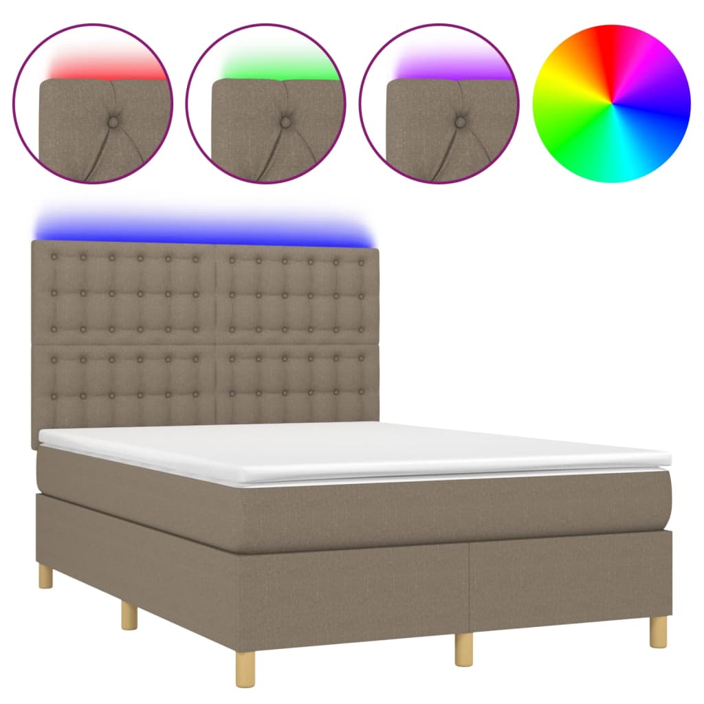 Letto a Molle con Materasso e LED Tortora 140x190 cm in Tessuto 3135753