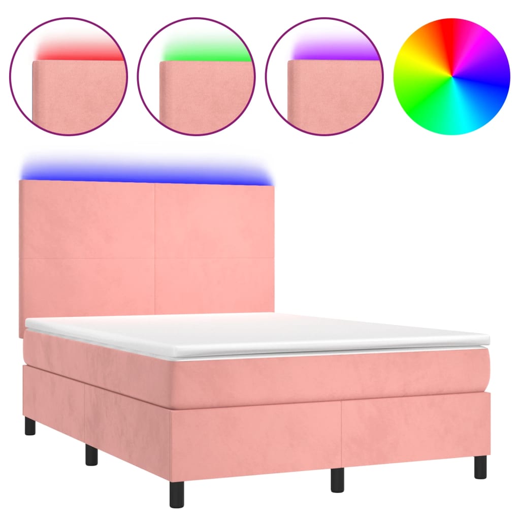 Letto a Molle con Materasso e LED Rosa 140x190 cm in Vellutocod mxl 75076