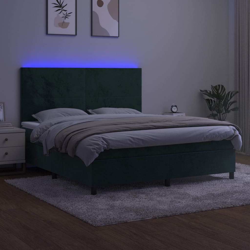 Letto a Molle con Materasso e LED Verde Scuro 160x200cm Velluto 3136014