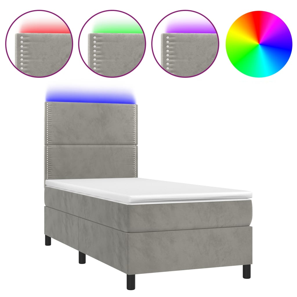 Letto a Molle Materasso e LED Grigio Chiaro 90x190 cm Vellutocod mxl 122994