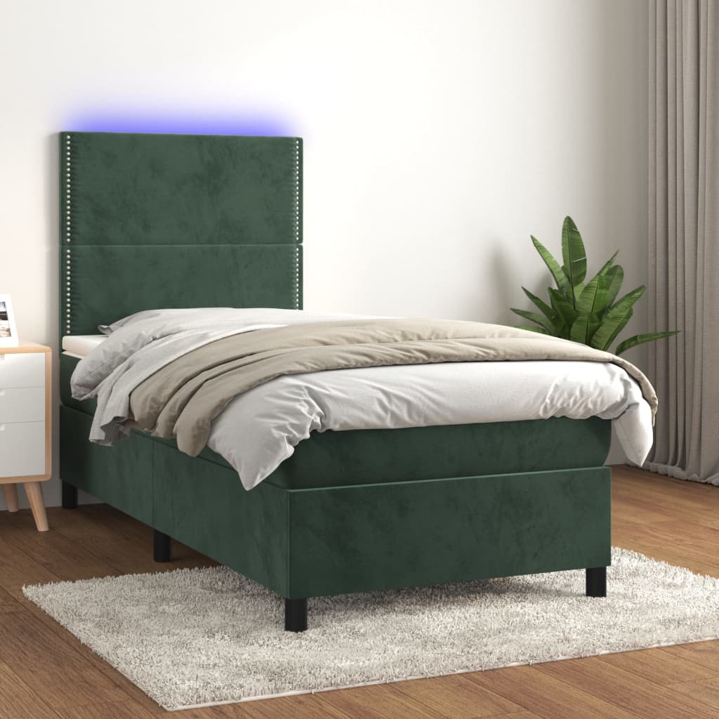 Letto a Molle con Materasso e LED Verde Scuro 90x190 cm Vellutocod mxl 75082