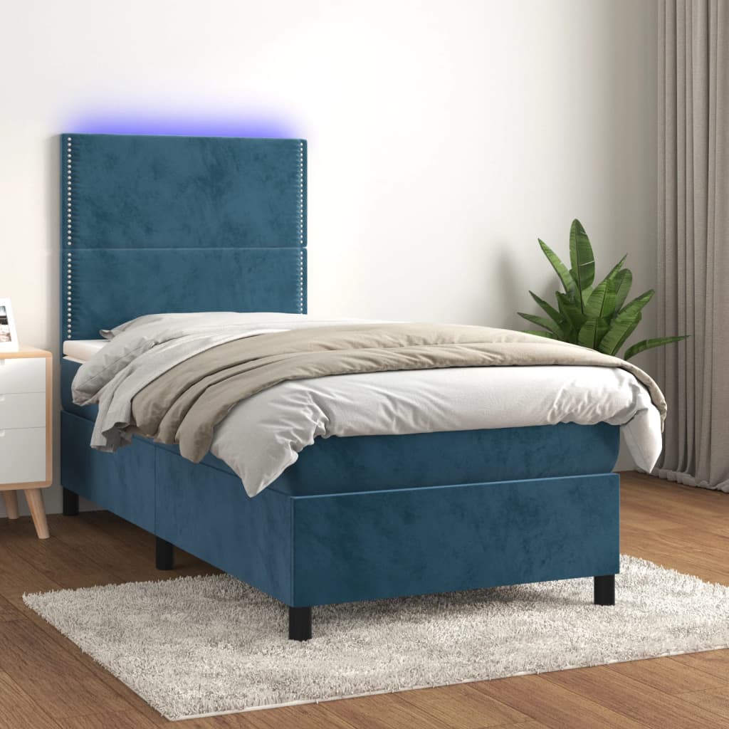 Letto a Molle con Materasso e LED Blu Scuro 90x190cm in Velluto 3136039