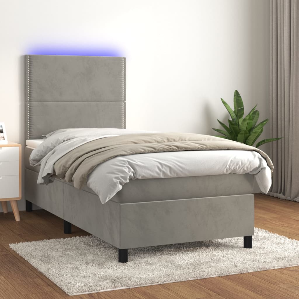 Letto a Molle Materasso e LED Grigio Chiaro 90x200 cm Velluto 3136041