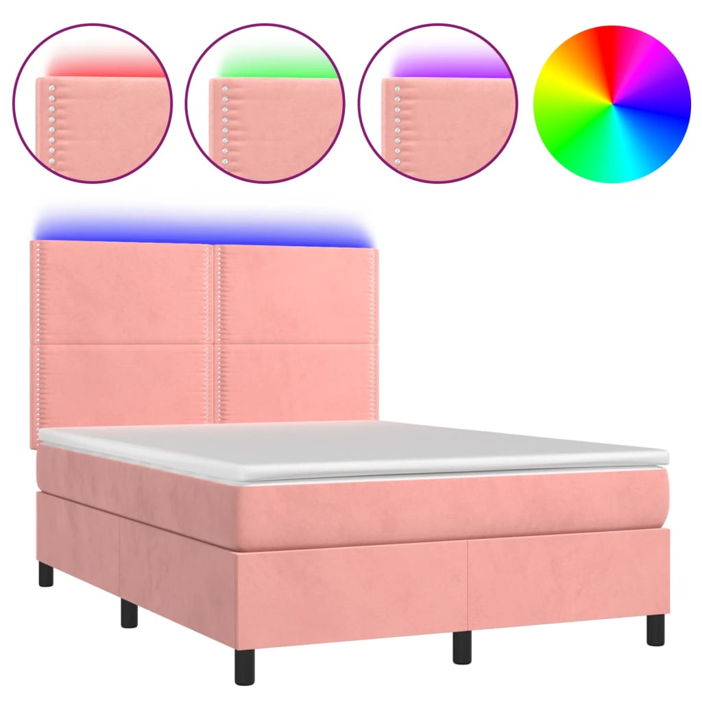 Letto a Molle con Materasso e LED Rosa 140x200 cm in Velluto 3136070