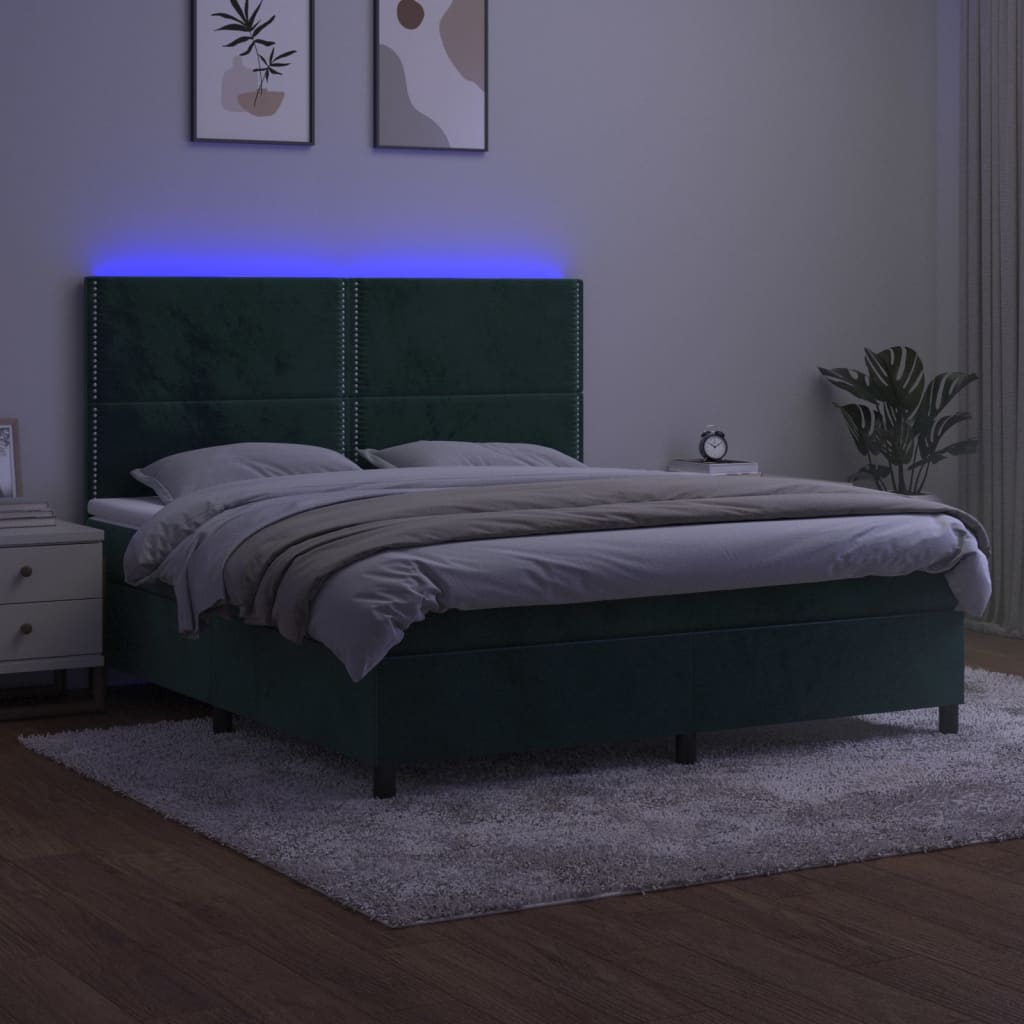 Letto a Molle con Materasso e LED Verde Scuro 180x200cm Velluto 3136080