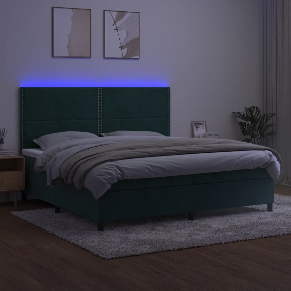 Letto a Molle con Materasso e LED Verde Scuro 200x200cm Velluto 3136086